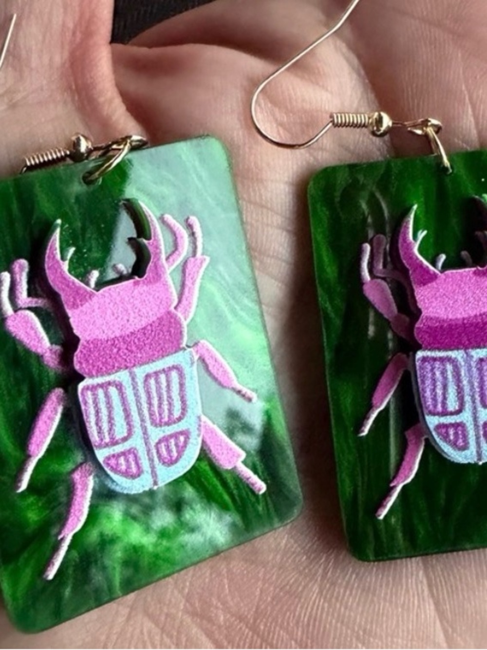 Modcloth Green Earrings with Pink Beetle Motif - Picture 2 of 3